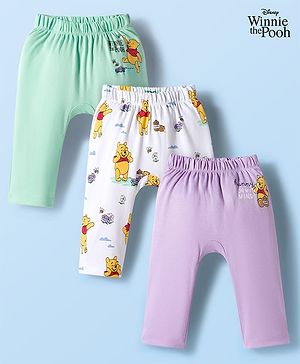 Babyhug Disney Interlock Knit Full Length Diaper Leggings with Winnie The Pooh Graphics Pack of 3 - White Light Green & Lilac
