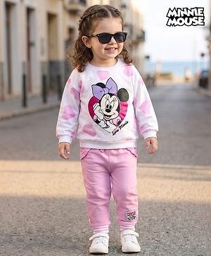 Babyhug Disney Terry Knit Drop Shoulder Full Sleeves Sweatshirt & Lounge Pant Set with Minnie Mouse Graphic - Pink