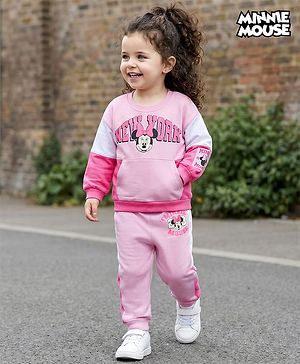 Babyhug Disney Terry Knit Full Sleeves Cut & Sew Sweatshirt & Lounge Pant Set with Minnie Mouse Graphic & Kangaroo Pocket - Pink