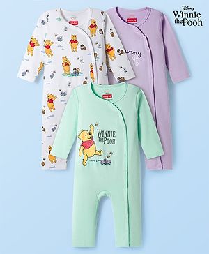 Babyhug Disney Interlock Knit Full Sleeves Romper with Winnie the Pooh Graphic Pack of 3 - White Lavender & Sea Green