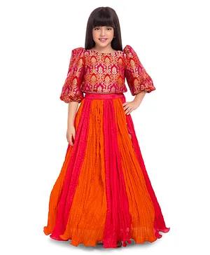 Tiny Kingdom Woven Three Fourth Balloon Sleeves Floral Printed Lehenga Choli Set - Orange