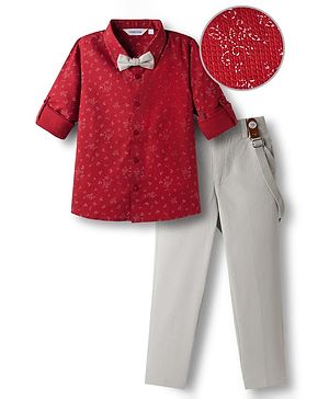 Mark & Mia Woven Full Sleeves Printed Party Shirt & Trouser with Bow & Suspender - Red & Grey