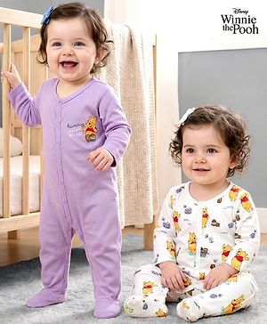 Babyhug Disney Interlock Knit Full Sleeves Sleepsuit With Winnie the Pooh Print Pack of 2 - White & Purple