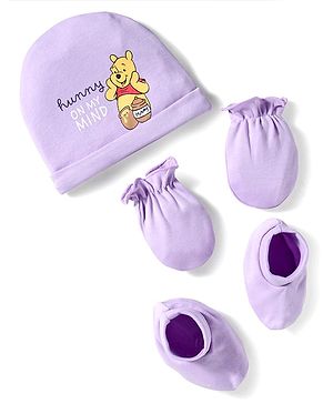 Babyhug Disney Interlock Knit Cap, Mittens and Booties Set with Winnie the Pooh Graphics Lilac - Diameter 17.5 cm
