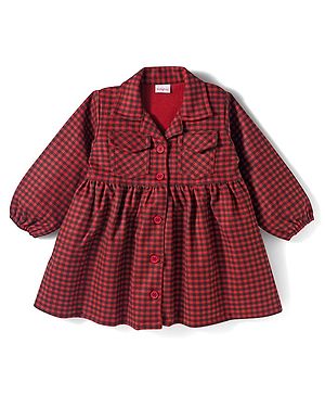 Babyhug Suede Woven Full Sleeves Winter Frocks with Checks - Maroon