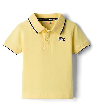 Kookie Kids Cotton Knit Half Sleeves Polo T-Shirt with Tipping & Nyc Text Embroidery - Yellow