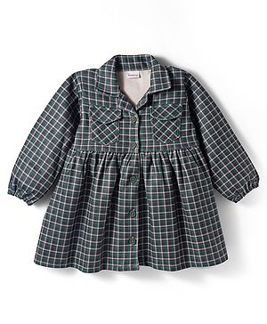 Babyhug Suede Woven Full Sleeves Winter Frocks with Checks - Dark Green