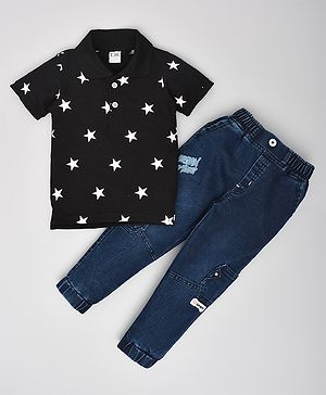 Kiwi Cotton Knit Half Sleeves Star Printed Polo Tee & Denim Jeans Set - Black & Blue
