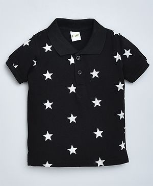 Kiwi Cotton Knit Half Sleeves Stars Printed Polo Tee - Black
