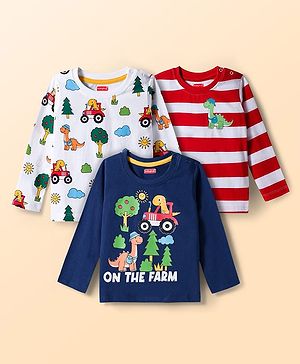 Babyhug 100% Cotton Knit Full Sleeves T-Shirts with Dino Print & Stripes Pack of 3 - Navy Blue White & White