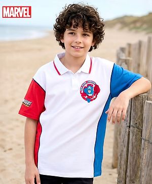 Pine Kids Marvel Terry Knit Oversized Drop Shoulder Half Sleeves Cut & Sew Polo T-Shirt with Avengers Graphic - White & Red