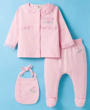ToffyHouse Interlock Knit Full Sleeves Night Suit with Bib & Floral Embroidery - Pink