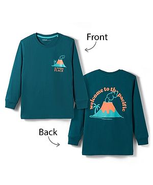 Doreme Single Jersey Knit Full Sleeves T-Shirt with Front & Back Volcano Print - Teal Blue