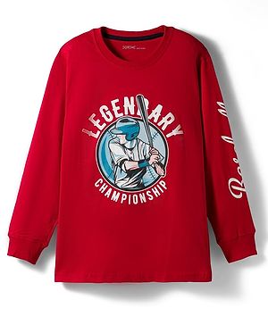 Doreme Single Jersey Knit Full Sleeves T-Shirt with Baseball Print - Red