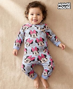 Babyhug Disney Interlock Knit Full Sleeves Front Open Romper with Minnie Mouse Graphics - Blue
