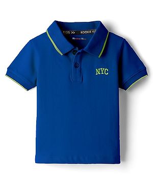 Kookie Kids Cotton Knit Half Sleeves Polo T-Shirt with Tipping & Nyc Text Embroidery - Blue