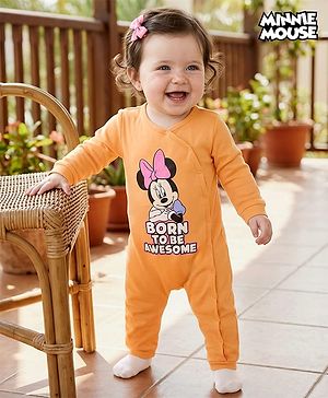 Babyhug Disney Interlock Knit Full Sleeves Front Open Romper with Minnie Mouse Graphics - Orange