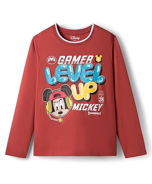 Pine Kids Disney Single Jersey Knit Full Sleeves T-Shirt with Mickey Mouse Graphic - Red