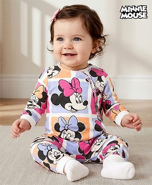 Babyhug Disney Interlock Knit Full Sleeves Front Open Romper with Minnie Mouse Graphics - Multicolor