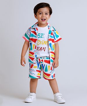 Ministitch Cotton Woven Half Sleeves Beach Theme Printed Coordinating Shirt & Shorts With Tee Set - Multi Colour