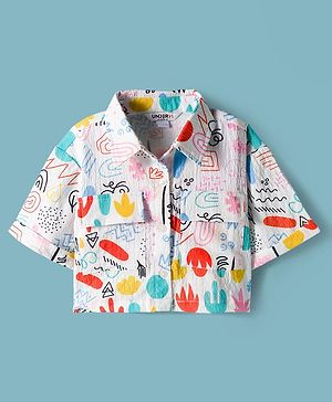 Under Fourteen Only Half Sleeves Abstract Printed Shirt Style Crop Top - White