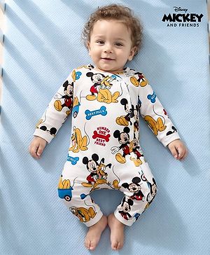 Babyhug Disney Interlock Knit Full Sleeves Romper with Mickey Mouse and Friends Graphics - White