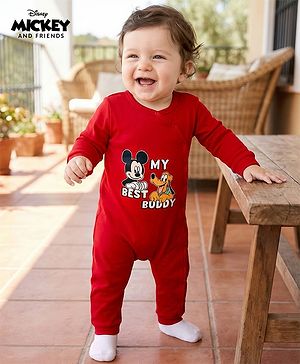 Babyhug Disney Interlock Knit Full Sleeves Romper With Mickey Mouse & Friends Printed - Red