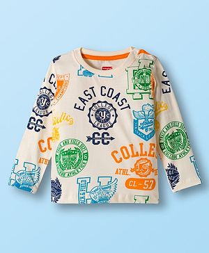 Babyhug 100% Cotton Knit Full Sleeves T-Shirt with East Coast Text Print - White
