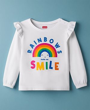 Babyhug 100% Cotton Knit Full Sleeves T-Shirt with Rainbow Graphic & Frill Detailing - White