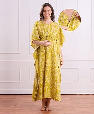 Bella Mama Cotton Woven Half Sleeves Maternity Nursing Kaftan Style Nighty with Floral Print - Lemon Yellow