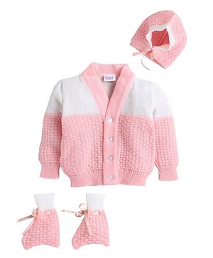 Little Angels Woollen Knit Full Sleeves  Colour Blocked Sweater With Cap & Booties - Peach