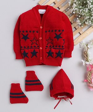Little Angels Woollen Knit Full Sleeves Stars Designed  Sweater With Cap & Booties  - Red & Navy