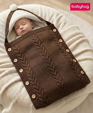 Babyhug Premium Hooded Knitted Blanket Sleeping Bag with Soft Fur Lining - Brown| Warm & Cozy Winter Wrapper| Machine Washable| Button Closure