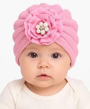 The little lookers Wool Knit Floral Applique Detailed Pearls Embellished Turban Cap - Pink - Circumference - 36 Cm