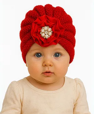 The little lookers Wool Knit Floral Applique Detailed Pearls Embellished Turban Cap - Red - Circumference - 36 Cm