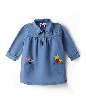 Babyhug Disney Denim Knit Dress with Full Sleeves and Piglet Embroidery in Blue