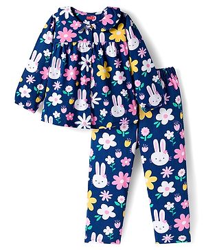 Babyhug Cotton Knit Full Sleeves Co-Ord Night Suit with Bunny & Floral  Print - Navy Blue