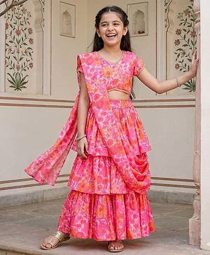 Pine Kids Woven Half Sleeves Floral Printed Choli Lehenga Set with Dupatta - Pink