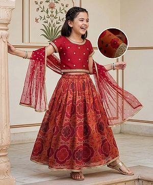 Pine Kids Woven Half Sleeves Lehenga Choli Set With Floral Print & Dupatta - Rust Orange