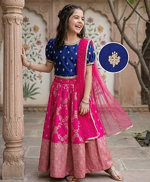 Pine Kids Woven Half Sleeves Choli Lehenga & Dupatta Set With Floral Foil Embroidered & Printed - Navy Blue & Pink