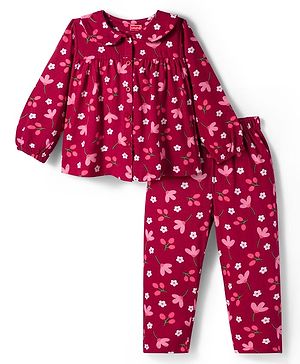 Babyhug Cotton Knit Full Sleeves Co-ords Night Suit With Floral Print - Maroon