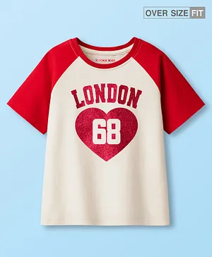 Kookie Kids Single Jersey Half Raglan
                              Sleeves Drop Shoulder Oversized T-Shirt
                              with Glitter Heart & Text Print on
                              Chest - White & Red