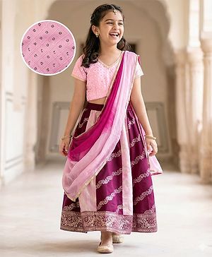 Pine Kids Woven Half Sleeves Choli Lehenga Set with Dupatta & Foil Print - Pink
