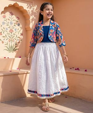 Pine Kids Woven Choli Lehenga Set with Full Sleeves Jacket & Floral Print - White & Blue