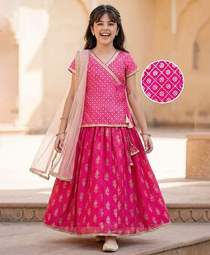 Pine Kids Cotton Woven Choli Lehenga & Dupatta Set With Floral Foil Print - Pink