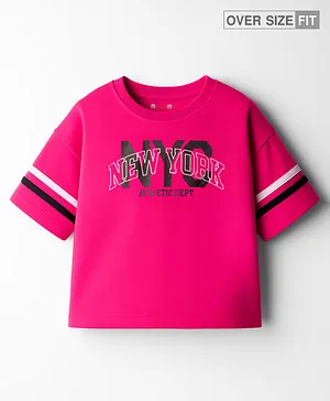 Kookie Kids Single Jersey Half Cut
                              & Sew Drop Shoulder Sleeves Oversized
                              T-Shirt with HD NYC Text Print - Fuchsia