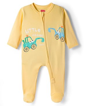 Babyhug Cotton Knit Footed Sleepsuit With Vehicle Print - Yellow
