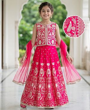 Pine Kids Woven Sleeveless Choli Lehenga Set with Dupatta & Floral Embroidery - Dark Pink