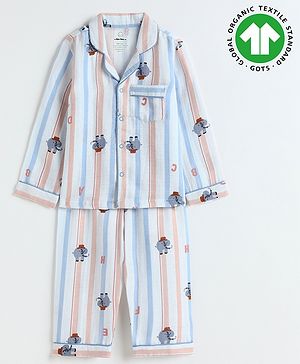 The Boo Boo Club Organic Cotton Muslin Woven Striped & Baby Elephants Printed Coordinating Night Suit Set - White