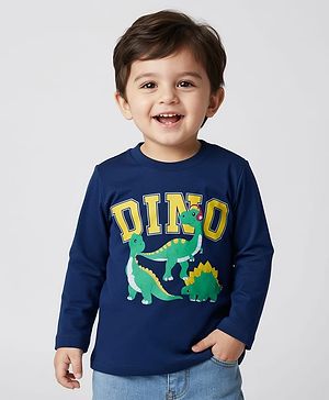 Babyhug 100% Cotton Knit Full Sleeves T-Shirt with Dino Print - Navy Blue